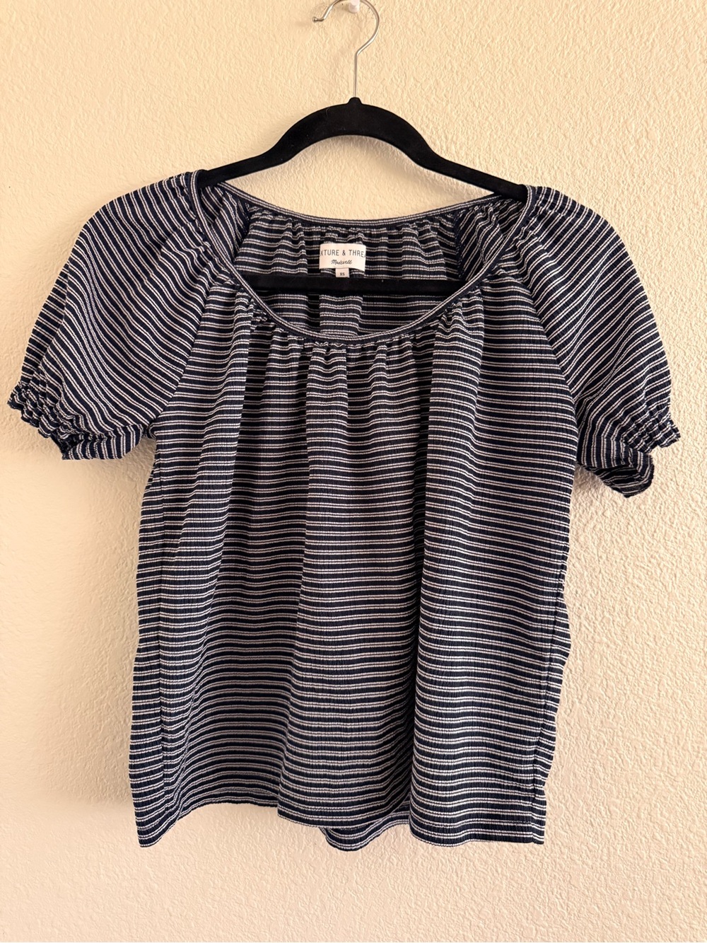 Madewell Navy & White Striped Puff-Sleeve Peasant Top